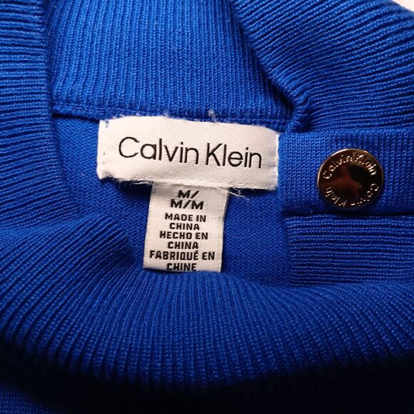 Calvin Klein Mock Neck Sweater Blue Gold Buttons Rayon Knit Top Sz M - Picture 11 of 14